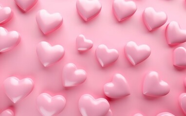 Pastel pink background with hearts, over the shoulder, top view, flat lay. Valentines day, engagement or wedding party poster. AI Generative