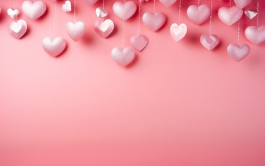 Doll style pink valentines day background with hanging shimmer hearts, copy space. Valentines day, engagement or wedding party poster. AI Generative