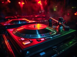 Fototapeta na wymiar DJ Night Club Deejay Record Player Retro night club neon colorful light DJ is mixing music with deejay controller 