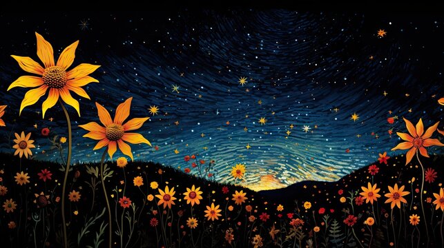  a painting of sunflowers in a field with a night sky in the background and stars in the sky.  generative ai