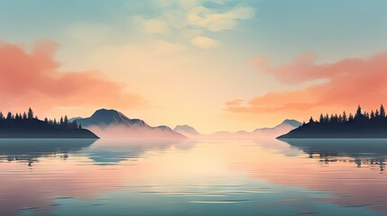  a painting of a sunset over a body of water with mountains in the distance and trees in the foreground.  generative ai