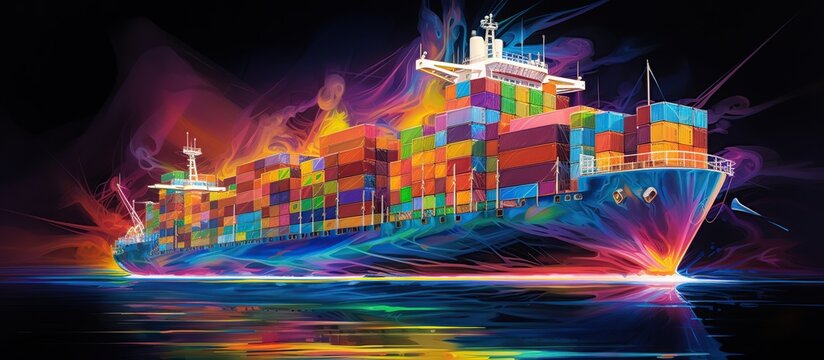Colorful neon hologram cargo ship drawing style. AI generated image