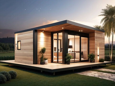 Wooden modern tiny house with flat roof on a green lawn in an eco-friendly place of nature. Tourism, travel, mini hotel, booking, insurance, mortgage, housing, rent, moving.