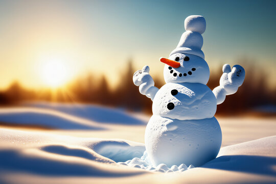 Schneemann mit Dekoration in Schneelandschaft