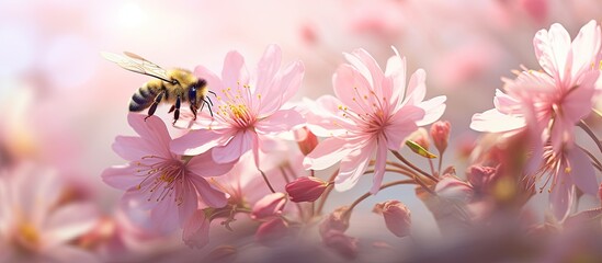 In the background of the summer garden the vibrant pink flowers and blossoms showcase the beauty of nature attracting bees and bumblebees to pollinate the floral plants during the autumn se - obrazy, fototapety, plakaty