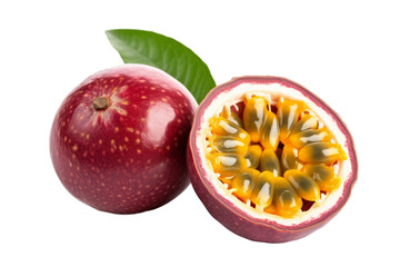 a passion fruit and its vibrant seeds on a white transparent background