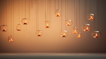  a group of lights hanging from a ceiling next to a wall with a light bulb hanging off of it's side.  generative ai
