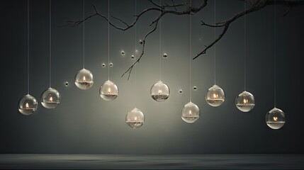  a group of light bulbs hanging from a tree branch in a dark room with a tree branch in the foreground.  generative ai