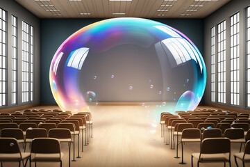 Universität  Hörsaal mit schwebenden transparenten Blasen - obrazy, fototapety, plakaty