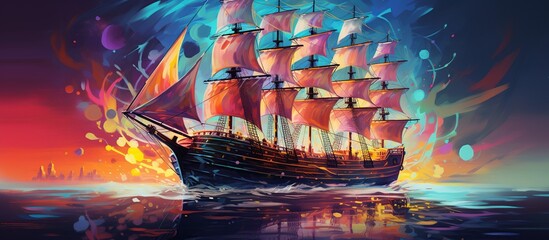Colorful neon holographic sailboat drawing style. AI generated image - obrazy, fototapety, plakaty