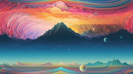  a painting of a landscape with mountains, planets, and stars in the sky with clouds and stars in the sky.  generative ai