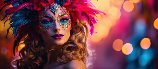 Naklejka premium Attractive Woman With colorful Carnival masquerade Mask. AI generated image