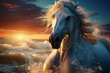 A beautiful white wild horse with very Long hair running in a soft white sand beach by a deep blue, and aquamarine calmed ocean at sunrise. The colorful sun rays reflecting magicaly an making bright f - obrazy, fototapety, plakaty