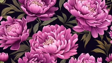  a bunch of pink flowers with green leaves on a black background in a seamless pattern with pink flowers on a black background.  generative ai