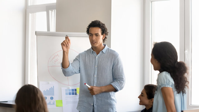 Serious handsome young employee sharing sales report data with colleagues, presenting statistic graphs at whiteboard. Mentor, coach, project leader man speaking to intern on office meeting