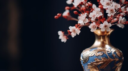  a close up of a vase with a flower arrangement in front of a black background with red and white flowers.  generative ai