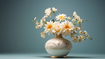  a vase filled with white and yellow flowers on top of a blue surface with a light blue background behind it.  generative ai