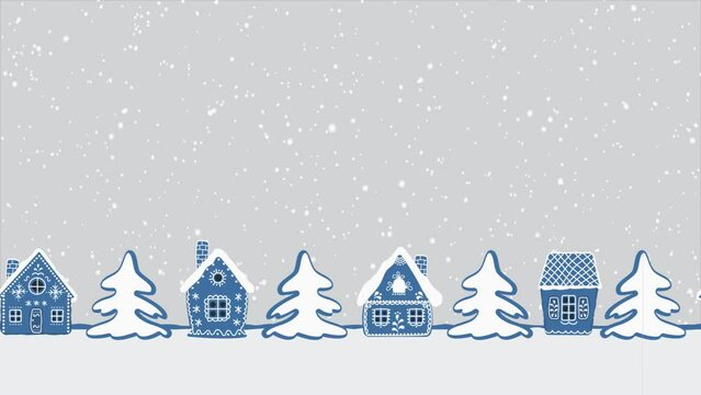 Christmas animation. Gingerbread village. Fairytale winter landscape. Blue gingerbread houses and fir trees floating past on gray background