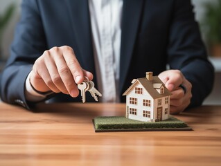 Real estate agent holding house key with house model on table. Property concept