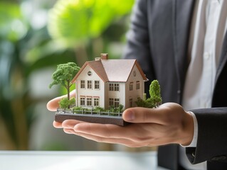 Close up of investor hold house model with blurred background. Real eastate and property concept