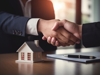 Close up of business man shake hand for home purchase with house model on table, real estate concept