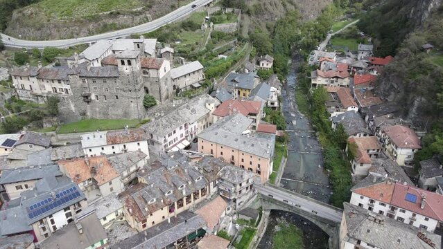 Drone view at the village of Verres in Aosta velley on Italy
