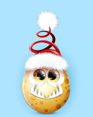 Funny golden dinosaur egg with big teeth and Santa Claus hat. 2024 new year concept.