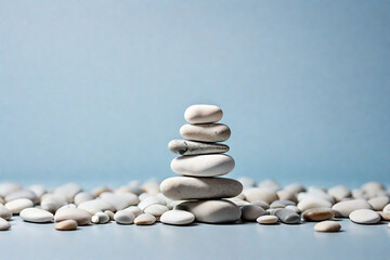 Fototapeta na wymiar Pyramid of white pebbles on blue background. Zen concept