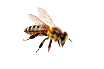 A flying honey bee on a white or transparent background cutout. Macro side close-up view. macro. high quality png image. 