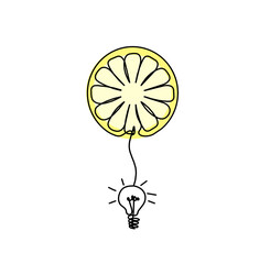 Color drawing line lemon with light bulb on the white