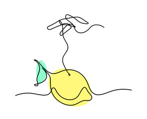Color drawing line lemon with hand on the white