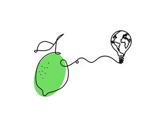 Color drawing line lemon with light bulb on the white
