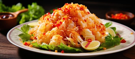 Foto op Aluminium Spicy salted egg with salad dried shrimp. AI generated image © orendesain99