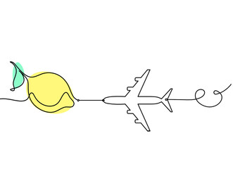 Color drawing line lemon with plane on the white