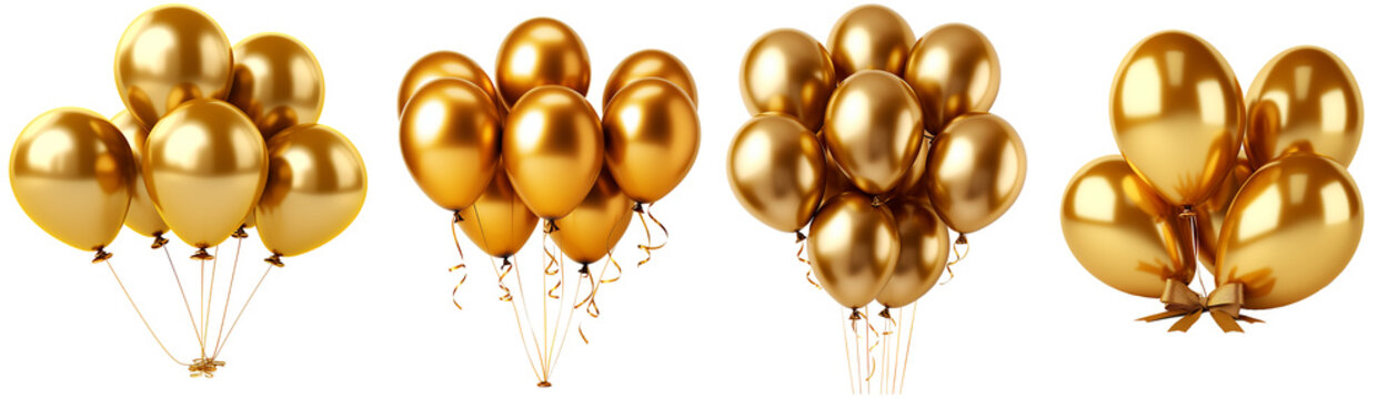Set of gold air balloons. Metallic gold air balloons isolated on transparent background. for anniversary, birthday, wedding, party. Generative AI