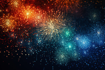 Obraz premium Abstract colorful blurred fireworks. Colored firework explosion in the night sky, for celebration party. Generative AI