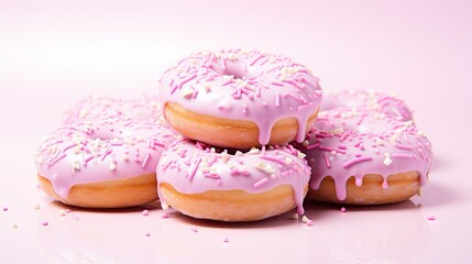  a pile of doughnuts with pink icing and sprinkles on a pink surface with a white background.  generative ai