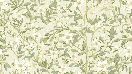  a pattern of white flowers and green leaves on a light green background for a wallpaper or a wall covering.  generative ai