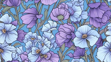  a painting of blue and purple flowers on a blue background with a green stem in the center of the picture.  generative ai