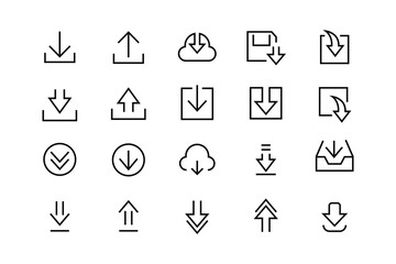 Download line flat vector set icon. install symbol. Download upload button Load sign flat, chat message data exchange, traffic, web files cloud, server collection. Editable stroke on white background