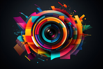 An abstract logo in the shape of a camera lens with geometric shapes that convey movement and creativity, using colors that represent visual media. - obrazy, fototapety, plakaty
