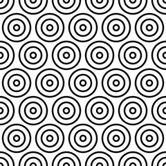 Repeated small and big black circles background. Seamless surface pattern design with circular ornament. Hoops wallpaper. Round motif. Spheres image. Digital paper with rings. Vintage style vector art