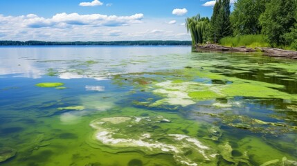 A vivid image of a lake shoreline covered in a blanket of green algae, the lush vegetation