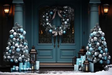 Fototapeta premium New Year door background concept in Christmas decoration in blue colors.Christmas door decoration with beautiful traditional wreath. Christmas celebration, home decoration, family holiday. 