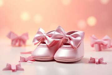 Adorable baby girl shoes with festive accents on a pink background. Generative AI