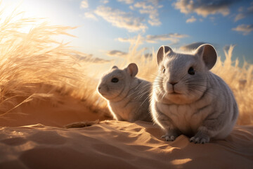 Two cute chinchilla sand bathing. Rodent sits on sand landscape advertising.