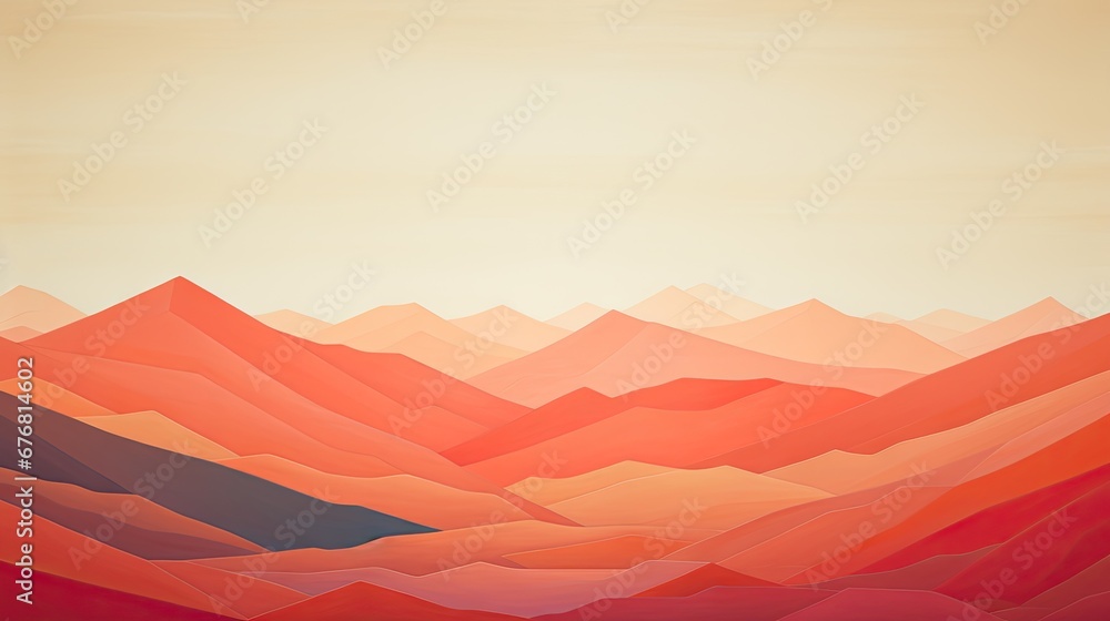 Poster a painting of a mountain range with oranges and pinks in the foreground and a yellow sky in the back