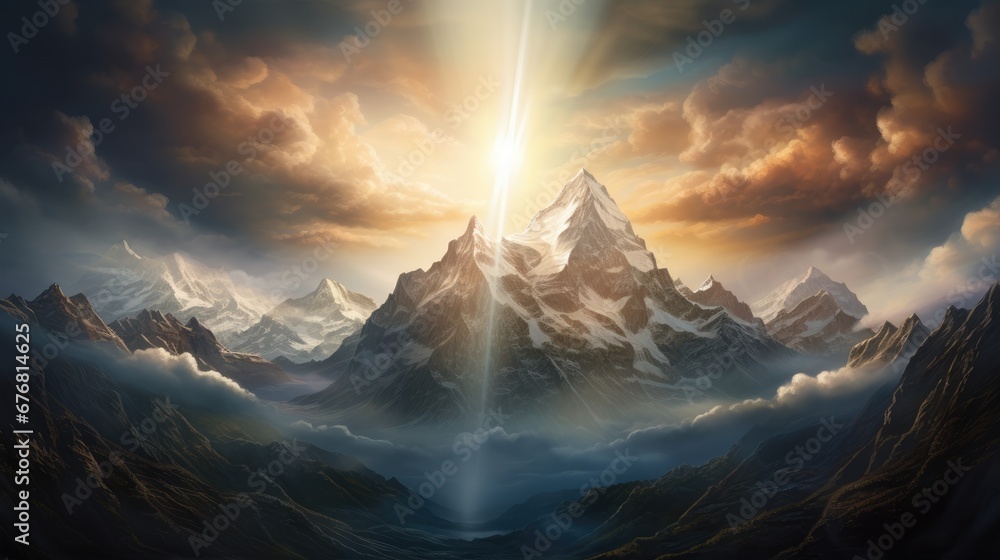 Poster a painting of a mountain with a beam of light coming out of the top of it in front of a cloudy sky. 