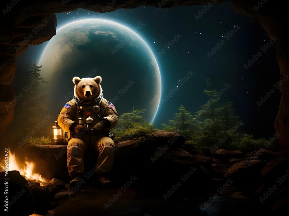 Aufkleber cosmonaut bear putting on a spacesuit against the background of a large planet during a picnic with 