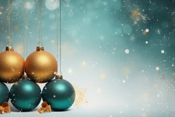 Teal and golden christmas balls with brown ornaments and bows on glitter bokeh backdrop. Christmas holiday and festive decoration concept. Generative AI